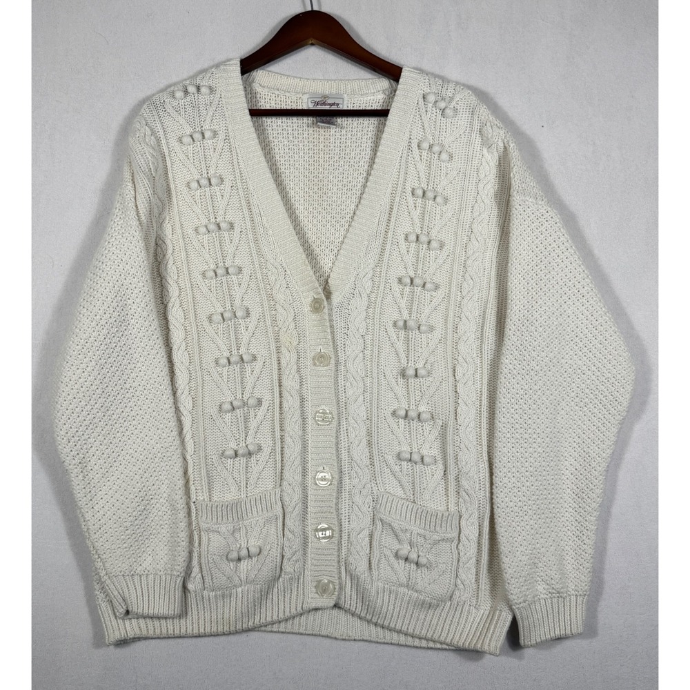 Vintage Worthington Cream Cable Knit Popcorn Cardigan Sweater XL Ramie Cotton